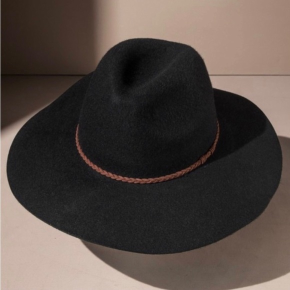 NEW Wool Black felt wide brim panama hat with suede braided ribbon detail - Picture 4 of 6